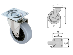 Ruote Per Mobili Modello Slip In Gomma H 50 Con Piastra Girevole Senza Freno   2002121  