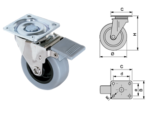 Ruote Per Mobili Modello Slip In Gomma H 50 Con Piastra Girevole Con Freno  2002221   